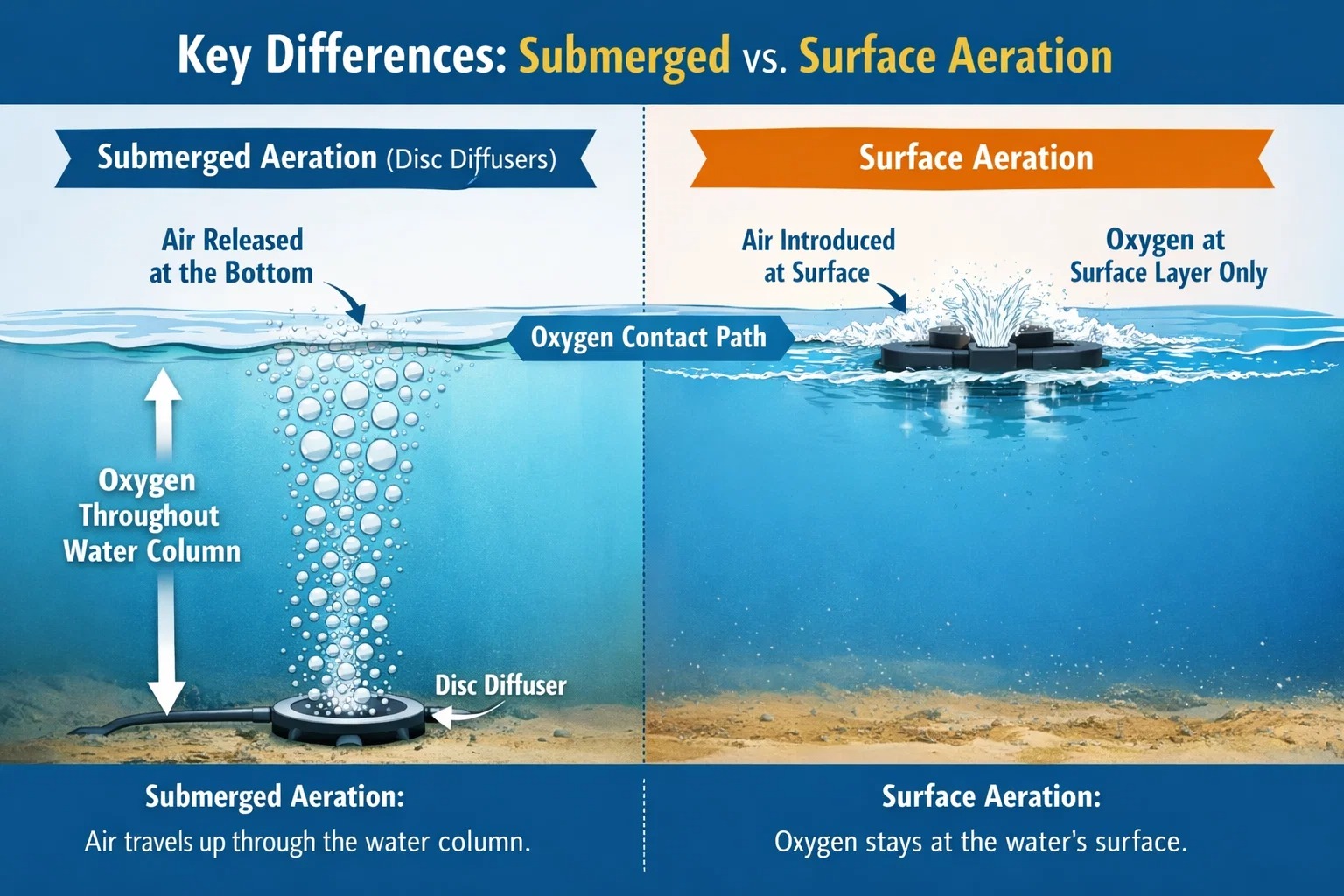 Diskovi difuzori u odnosu na površinske aeratore: zašto potopljena aeracija pobjeđuje kod MBR sustava